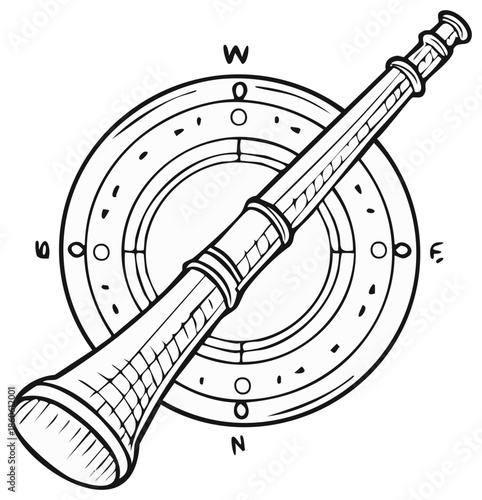 Vintage spyglass over a compass line art drawing for exploration and discovery
