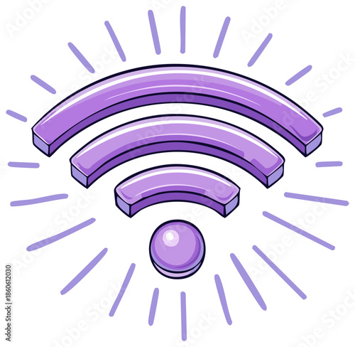 Wireless internet connection symbol with purple radiating waves and glossy finish