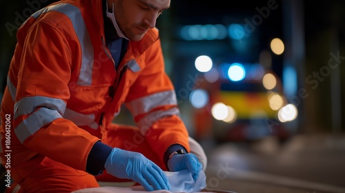 A first responder pulling sterile gloves from an emergency kit at a roadside scene, acting quickly yet calmly as they assist an injured person — rapid medical response, safety protocol, and crisis