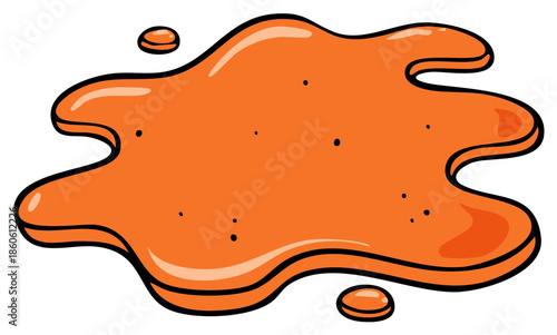 Bright orange liquid spill with small droplets and black speckles cartoon style