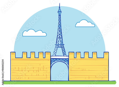 Conceptual illustration of a famous French landmark rising behind a medieval castle wall