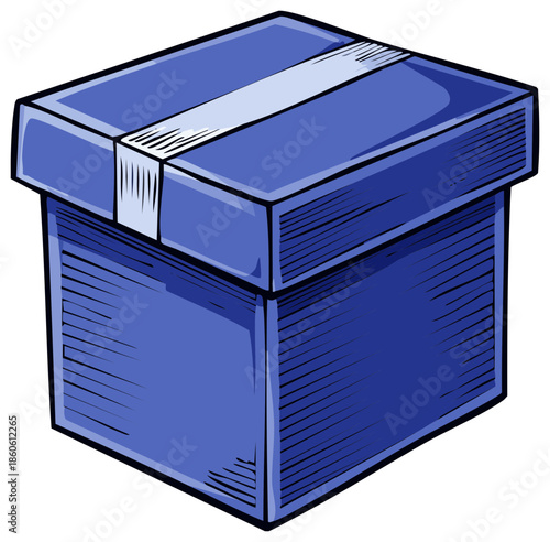 Blue gift box with a white ribbon, isolated on white background, hand-drawn illustration
