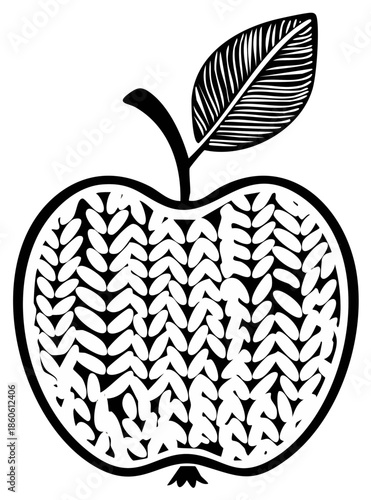 Knitted Apple Artwork Handmade Texture Illustration with a Leaf and Stem
