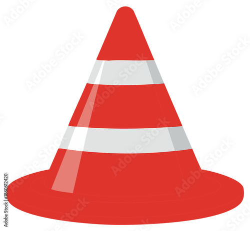 Red traffic cone with reflective stripes. Road safety equipment vector illustration