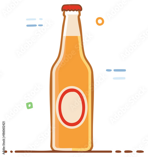 Beer bottle vector illustration with light yellow beer, red bottle cap, red circle, and retro elements design.