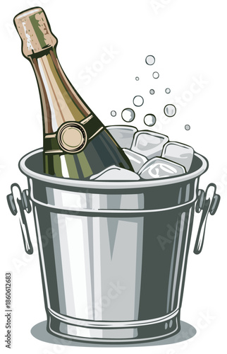 Champagne bottle chilling in a silver ice bucket with ice cubes and bubbles celebration drink