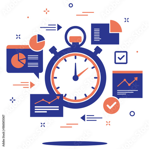 Time management concept with stopwatch and analytical charts