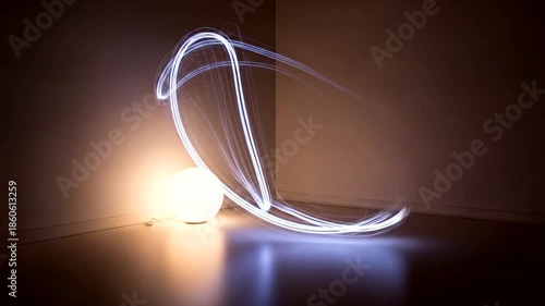 Neon Light Painting in Dark Room.