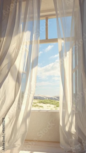 Offenes Fenster mit wehenden Vorhängen