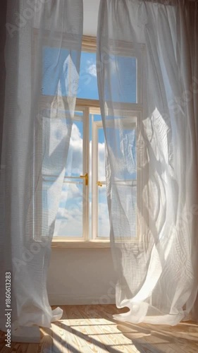 Offenes Fenster mit wehenden Vorhängen