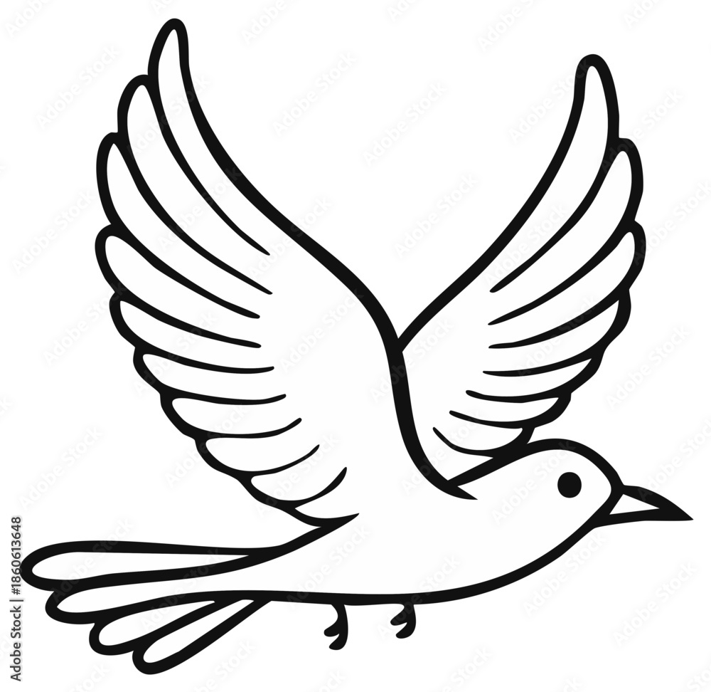 Fototapeta premium Simple Black and White Line Art Illustration of a Flying Dove Symbol of Peace and Hope