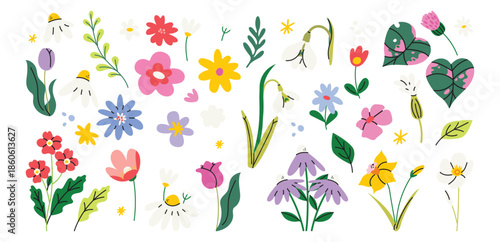 Set of hand drawn botanical elements with cute spring flowers and leaves. Floral plant branches, stems with blooming blossoms and leaf. Wild flowers stickers in cartoon doodle style. Flat vector