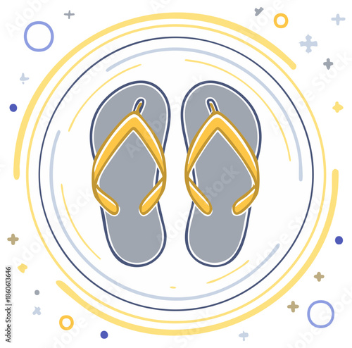 Pair of grey flip flops with yellow straps illustrated on a white background with colorful circles