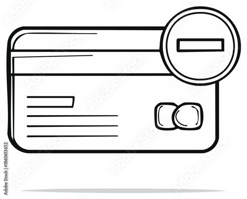 Hand drawn credit card with minus sign icon symbolizing payment cancellation debt removal or failed transaction