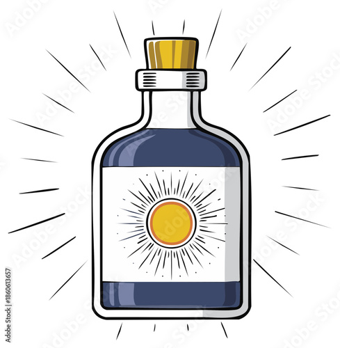 Mysterious Potion Bottle with Sunburst Label and Radiant Light Rays