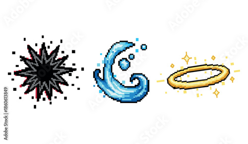 Pixel art symbols: black hole, water wave, and golden halo