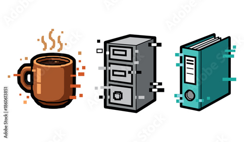 Pixel art objects: coffee mug, filing cabinet, and binder icon collection