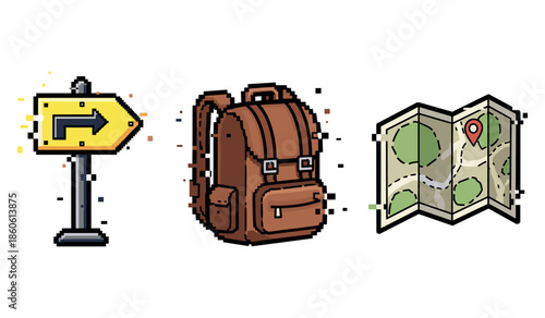 Pixel art adventure: direction sign, backpack and map icons