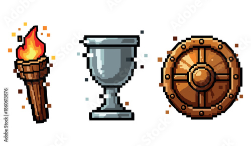 Pixel art style torch, goblet, and shield icons in retro design