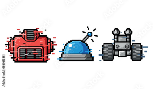 Retro pixel art: three colorful robot heads with distinct features