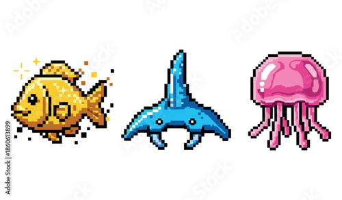 Colorful pixel art: fish, shark, jellyfish trio
