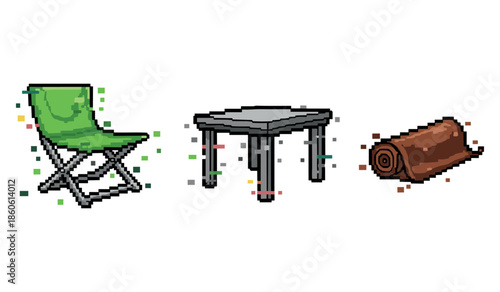 Pixel art of green camping chair, gray table, and rolled brown mat