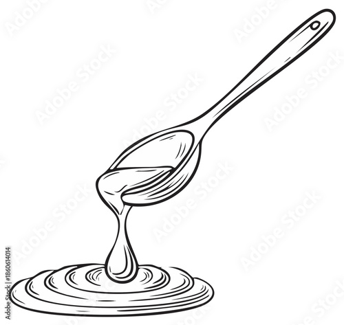 Ink drawing of a spoon pouring liquid onto a surface in a swirling motion