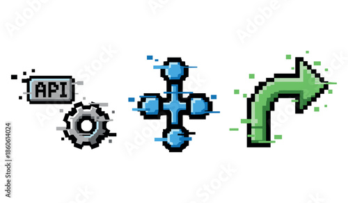 Pixel art icons: api, directional, right arrow in blue and green