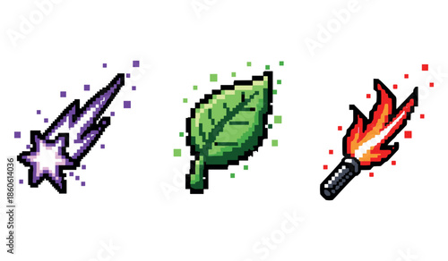 Pixel art magical elements: shooting star, leaf, flaming torch