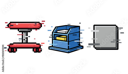 Pixel art red robot, blue mailbox, and grey smartphone