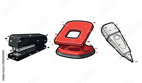 Office tools: stapler, hole punch, and box cutter