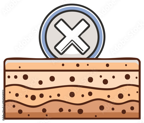 Skin layers cross section with moles and a rejection X symbol for dermatology issues