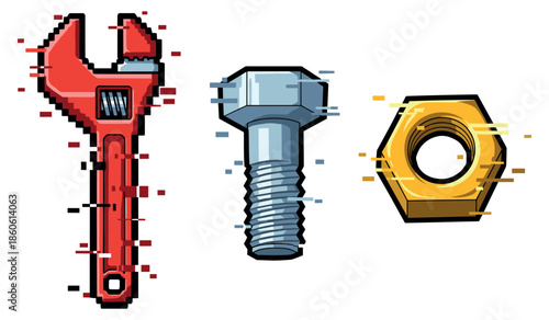 Pixel art tools: red wrench, bolt, and hex nut design