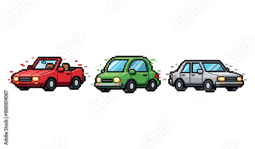 Pixel art cars: red convertible, green hatchback, gray sedan