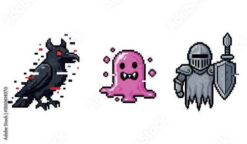 Pixel art characters: raven, pink monster, armored knight with spear and shield