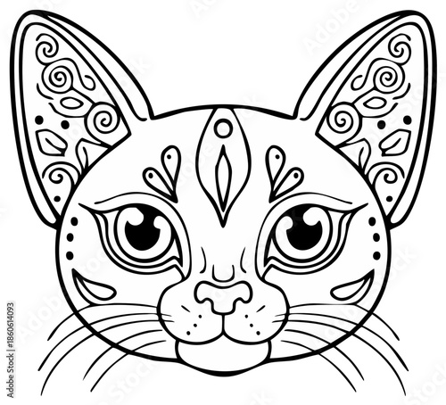 Intricate Line Art of a Cat's Face with Ornamental Patterns