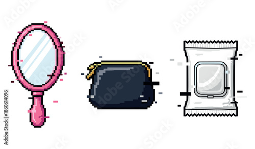 Pixel art vanity set with mirror, cosmetic bag, and wipes