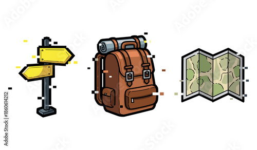 Adventure essentials: backpack, map, and directional signs in illustrated travel theme