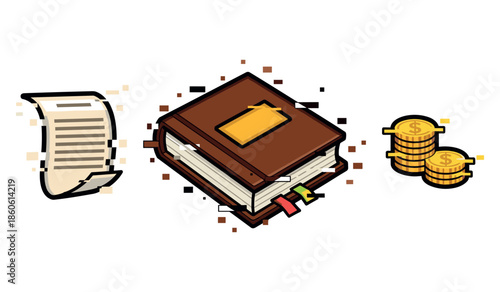 Illustrated financial planning: budgeting document, investment book, and stacked coins