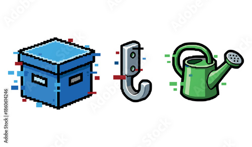Pixel art objects: blue storage box, metal hook, green watering can
