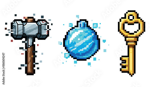 Pixel art hammer, blue bomb, and gold key on white background