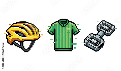 Pixel art cycling gear - helmet, jersey, pedals icon set