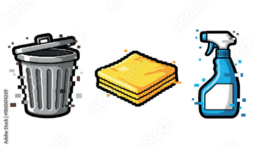 Cleaning tools: trash can, sponge, spray bottle illustration
