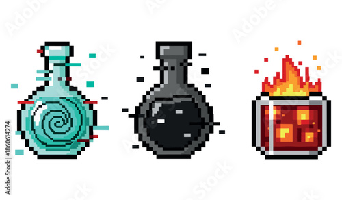 Pixel art mythical potion set with spirals, darkness, and fire