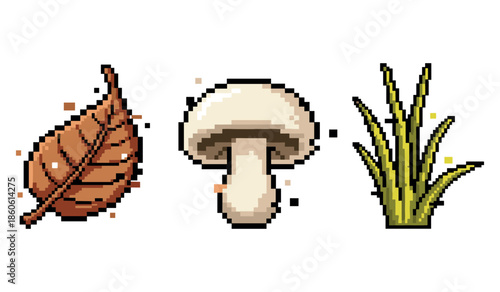 Pixel art icons of leaf, mushroom, and grass on white background