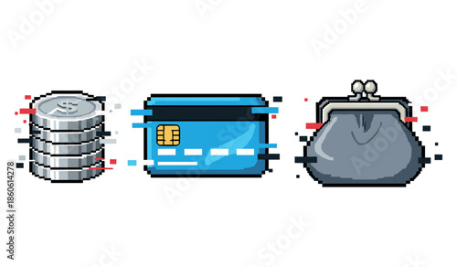 Pixel art of coins, credit card, and purse illustrating digital finance