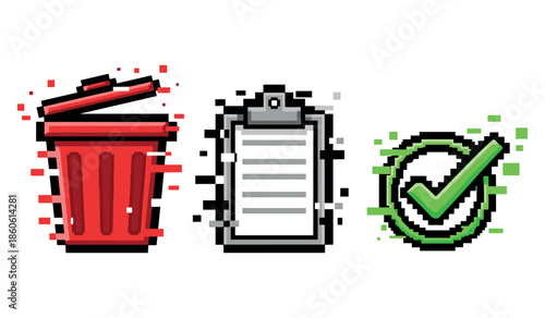 Pixel art icons: trash bin, clipboard, and checkmark with glitch effect