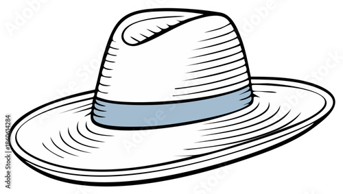 Classic Fedora Hat with Light Blue Band Stylized Line Art Illustration