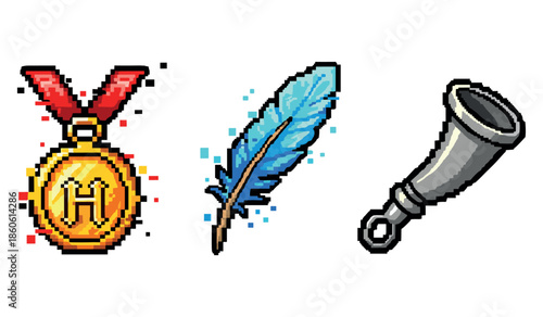 Pixel art gold medal blue feather silver horn icons