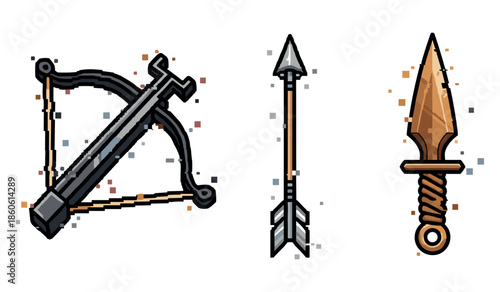 Medieval weapons: crossbow bow arrow dagger icon set